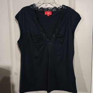 Oscar de la Renta Women's Blue V-Neck Lace Trimmed Top with Cap Sleeves L